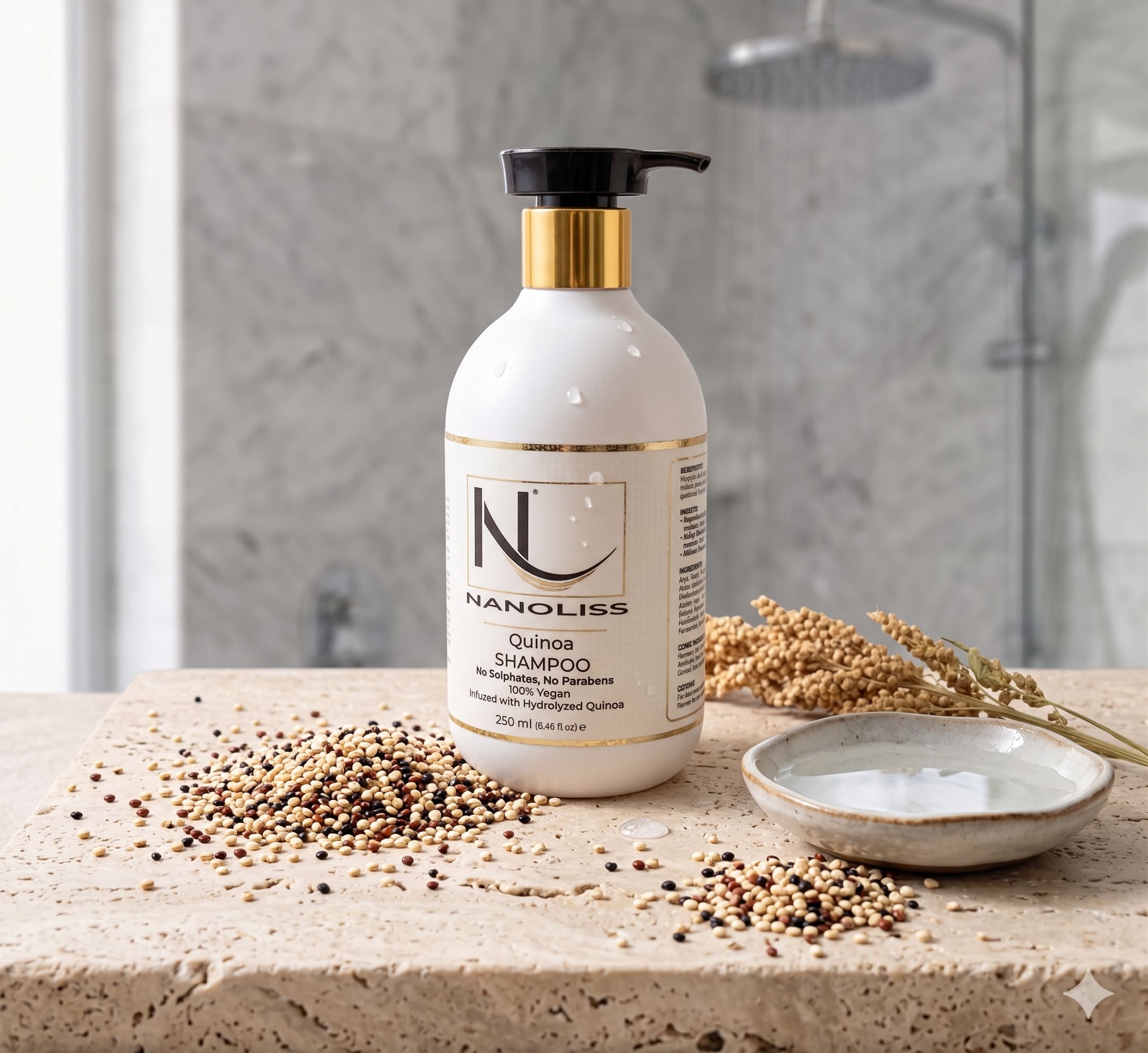 Quinoa Shampoo in bathroom